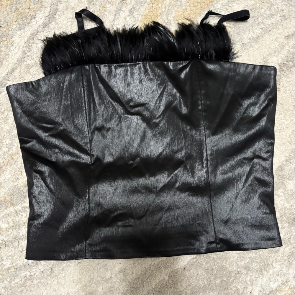 Cache Black Faux Leather Crop Top with Fur Trim